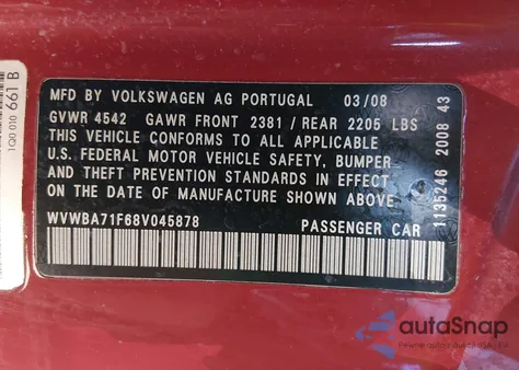 2008 Volkswagen Eos Komfort/Turbo z USA, uszkodzony, nr VIN WVWBA71F08V046878